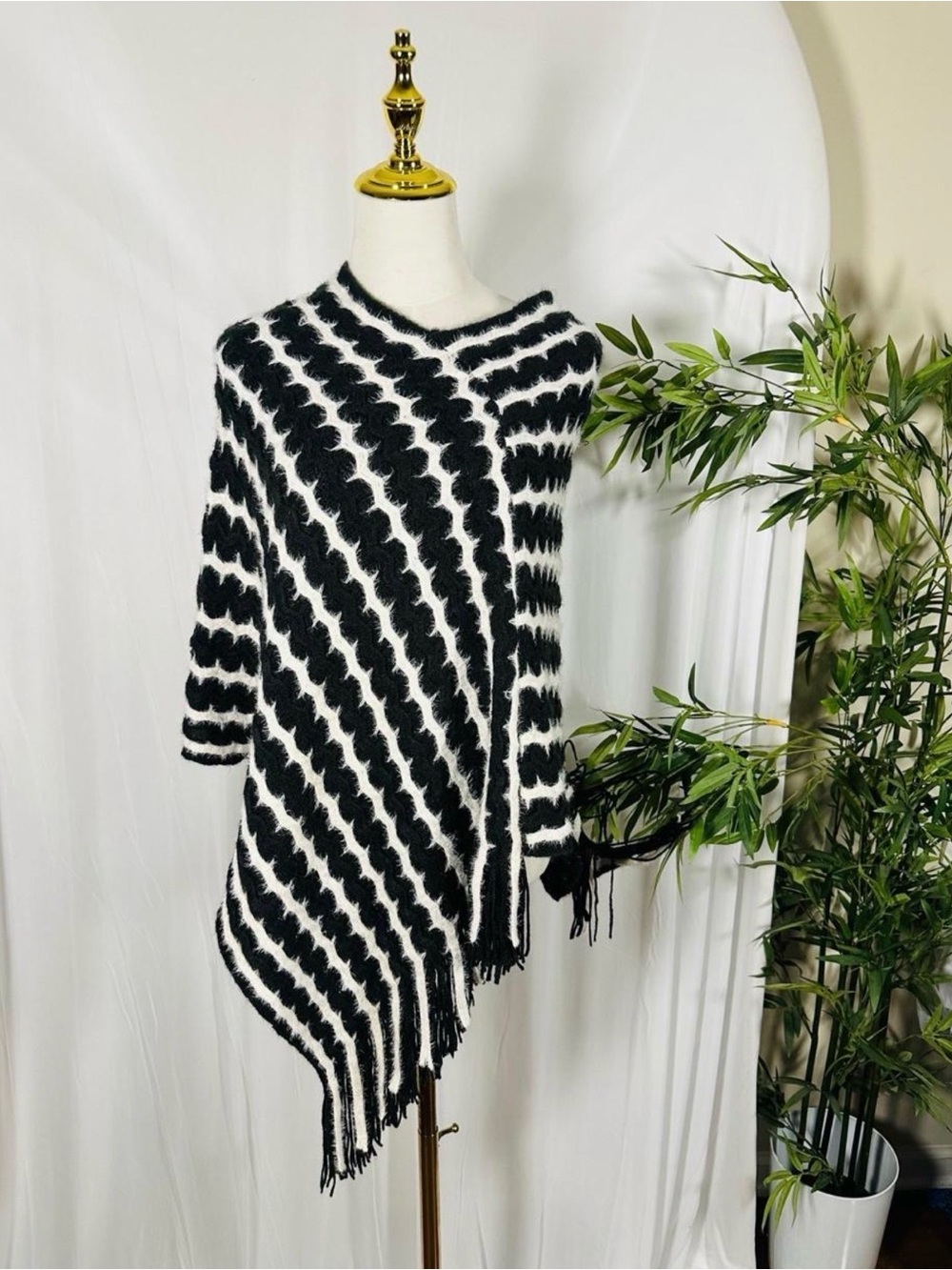🔥 Black & Ivory Textured Fringe Poncho Sweater